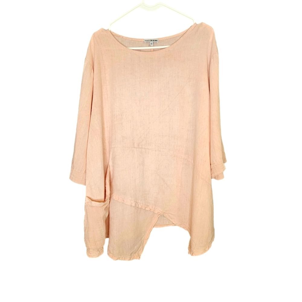 100% Lin Blanc Blush Pink Linen 3/4 sleeves Split Front Boatneck Tunic 52 or XL
